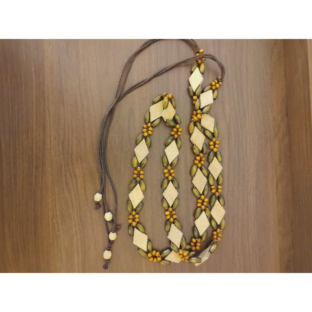 Brown And Yellow Bead Belt Artisan Stretch String Tie 32"-50"